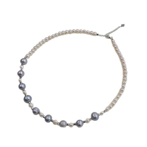 Collier Perle en argent , perle d'eau douce cultivée, avec argent sterling 925, pomme de terre, Placage de couleur argentée, DIY, gris Vendu par brin