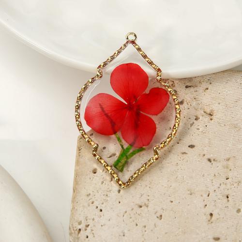 Resin Pendant, with Dried Flower & Brass, Rhombus, DIY, mixed colors 