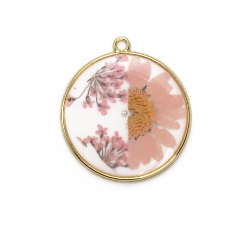 Brass Pendant, with Dried Flower & Resin & Plastic Pearl, Round, plated, DIY, mixed colors 