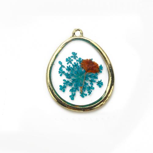 Resin Brass Pendants, with Dried Flower & Resin, plated, DIY, mixed colors 