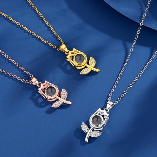 laiton Collier de projection miniature, avec verre, Rose, Placage, bijoux de mode & avec strass, plus de couleurs à choisir Environ 40 cm, Vendu par PC