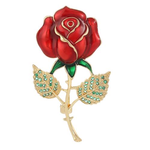 Strass Messing Brosche, Rose, plattiert, für Frau & Emaille & mit Strass, goldfarben, verkauft von PC[