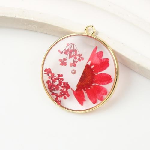 Resin Brass Pendants, with Dried Flower & Resin & Plastic Pearl, Round, plated, DIY, mixed colors 