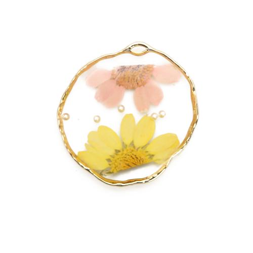 Resin Brass Pendants, with Dried Flower & Resin & Plastic Pearl, plated, DIY, mixed colors 