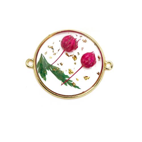Resin Jewelry Connector, Brass, with Dried Flower & Resin, Round, plated, DIY & gold foil, mixed colors 