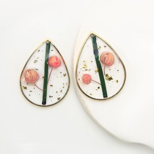 Resin Brass Pendants, with Dried Flower & Resin, Teardrop, plated, DIY & gold foil, mixed colors 