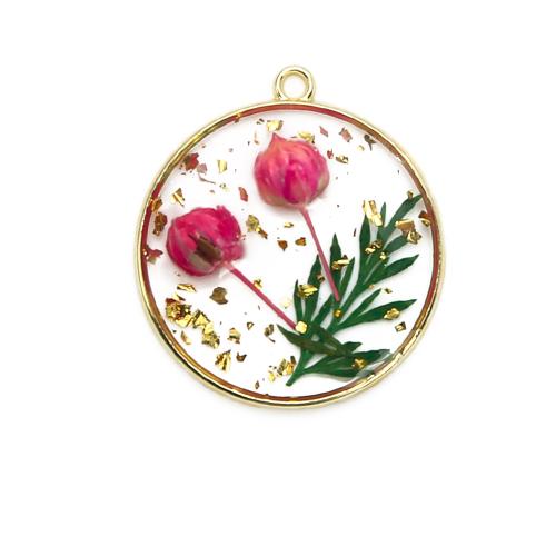 Resin Brass Pendants, with Dried Flower & Resin, Round, plated, DIY & gold foil, mixed colors 