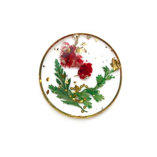 Resin Brass Pendants, with Dried Flower & Resin, Round, plated, DIY & gold foil, mixed colors Inner Approx 1mm 