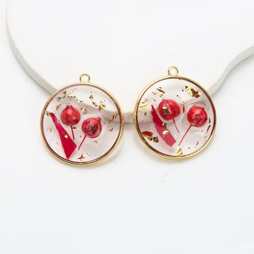 Resin Brass Pendants, with Dried Flower & Resin, Round, plated, DIY & gold foil, mixed colors 