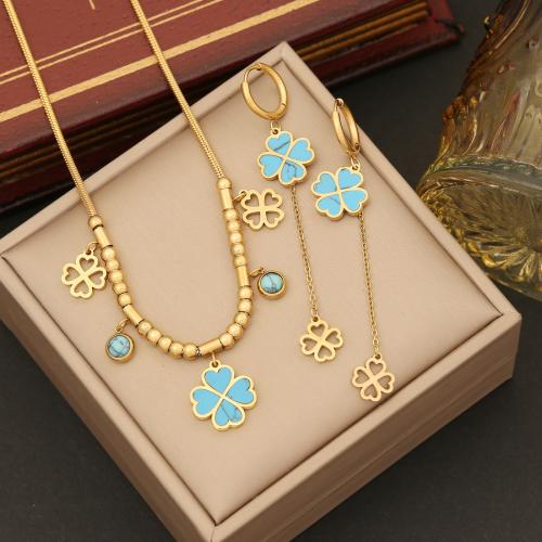 Acier inoxydable 304 parure de bijoux, avec turquoise synthétique, Trèfle à quatre feuilles, Placage de couleur d'or, styles différents pour le choix & pour femme, Vendu par PC