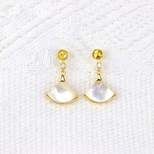 真鍮イヤリングド・ロッブ・コンポーネント, 銅, とともに 白い貝, ゴールドメッキ, DIY & ライン石のある, 無色, ニッケル、鉛、カドミウムフリー, 売り手 ペア