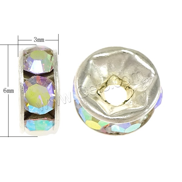 Rondelle Rhinestone Spacer, Brass, plated, with Mideast rhinestone, more colors for choice, Grade A, 3x6mm, Hole:Approx 1.3mm, 100PCs/Bag, Sold By Bag