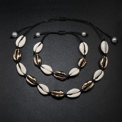 Shell Bracelet and Necklace, with Polyester Cord & Plastic Pearl & Zinc Alloy, 2 pieces & for woman necklace length 47.2inch, bracelet length 6-10inch 