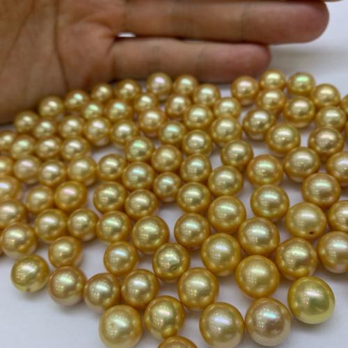 Perles nacres de culture d'eau douce demi percées , perle d'eau douce cultivée, Légèrement rond, DIY & semi-foré, doré Vendu par PC[