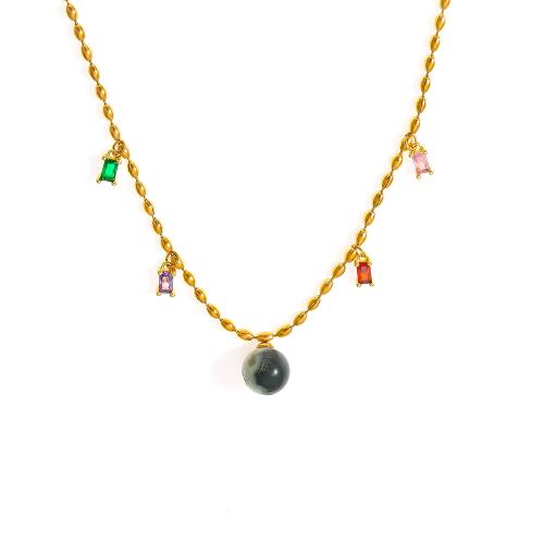 Titanium Steel Jewelry Necklace, with Natural Stone, plated, fashion jewelry & micro pave cubic zirconia & for woman, golden 