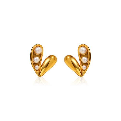 Boucle en acier inoxydable, Acier inoxydable 304, avec perle de plastique, Plaqué or 18K, bijoux de mode & styles différents pour le choix & pour femme, Vendu par paire