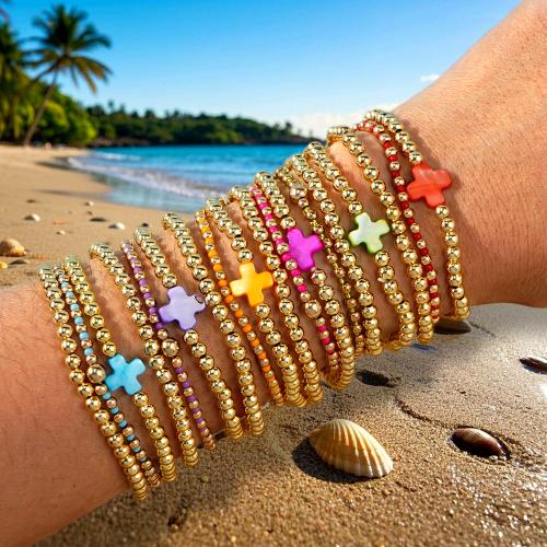 Brass Bracelets, Shell, with Brass, gold color plated, fashion jewelry 