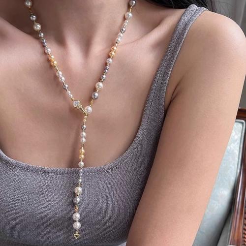 Пресноводные перлы ожерелье цепи свитера, Shell Pearl, с Латунь, Другое покрытие, ювелирные изделия моды, Много цветов для выбора, 4-8MM, длина:61 см, продается Strand