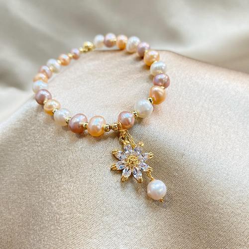 Bracelets de perles, perle d'eau douce cultivée, avec alliage de zinc, Baroque, Placage de couleur d'or, bijoux de mode & pavé de micro zircon, plus de couleurs à choisir, 7-8MM cm, Vendu par brin[