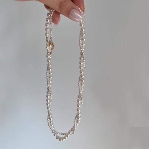Glass Pearl Sweater Chain Necklace, with Zinc Alloy, Round, gold color plated, fashion jewelry 3-6MM cm [