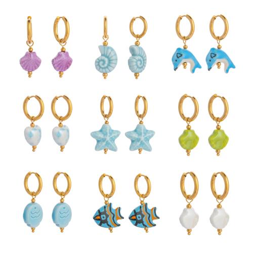 Boucle d'oreille goutte inox, Acier inoxydable 304, avec coquille, Placage de couleur d'or, bijoux de mode & émail, plus de couleurs à choisir, Vendu par paire