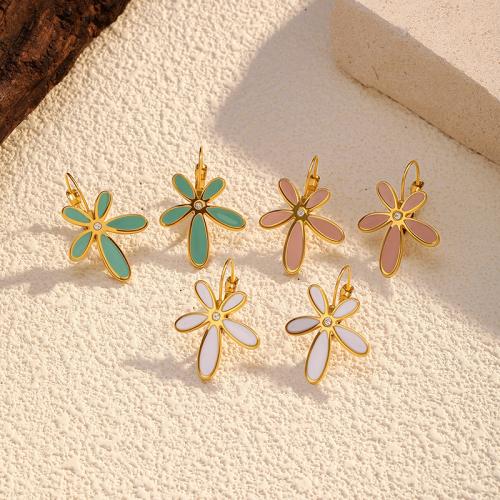 ステンレス　ダングル ピアス, 304ステンレススチール, 花形, ゴールドメッキ, 女性用 & エナメル & ライン石のある, 無色, 売り手 ペア