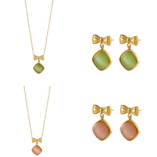 Parures de bijoux en acier inoxydable, Acier inoxydable 304, Boucle d’oreille stud & collier, avec pierre gemme, Placage de couleur d'or, bijoux de mode, plus de couleurs à choisir, Vendu par PC
