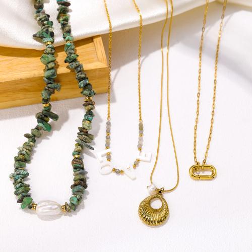 Colliers de pierres précieuses, Acier inoxydable 304, avec pierre gemme & coquille & perle de plastique, Placage, bijoux de mode & émail, plus de couleurs à choisir, Vendu par PC