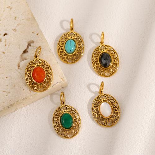 Gemstone Jewelry Pendant, 304 Stainless Steel, with Gemstone, Round, gold color plated, DIY & hollow 