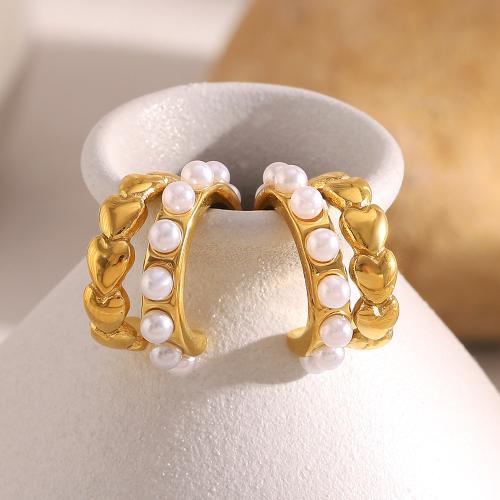 Boucle en acier inoxydable, Acier inoxydable 304, avec perle de plastique, Placage de couleur d'or, bijoux de mode, doré, Vendu par paire