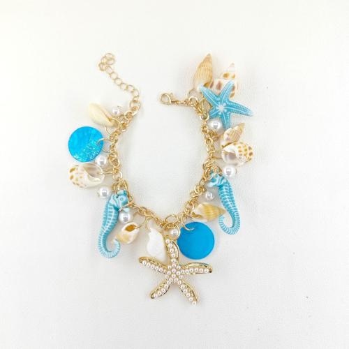 Zinc Alloy Bracelet, with Shell & Resin & Plastic Pearl, gold color plated, ocean design & for woman Approx 9.6 Inch [