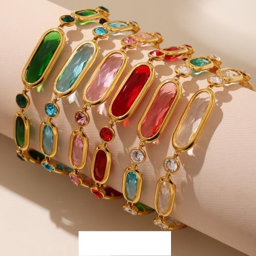 Glass Jewelry Beads Bracelets, 304 Stainless Steel, with Glass Stone, gold color plated, fashion jewelry 