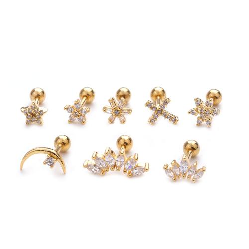 304 Stainless Steel Piercing Earring, with Brass, plated & micro pave cubic zirconia & for woman [