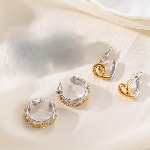 Titanium Steel Earrings, gold color plated, fashion jewelry & with rhinestone 