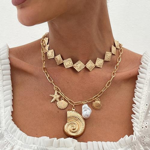 Conjuntos de joya de aleación de cinc de moda, aleación de zinc, con cadena de hierro & Perlas plásticas, chapado en color dorado, Doble capa & Joyería, más colores para la opción, Vendido por Set