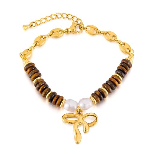 Tiger Eye Stone Bracelets, 304 Stainless Steel, with Tiger Eye & Plastic, plated, fashion jewelry & for woman, golden 