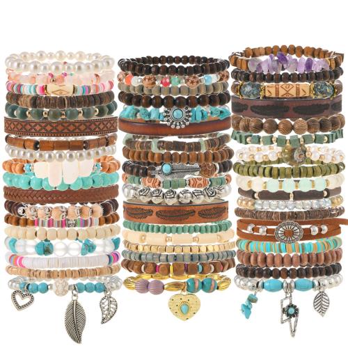 Pulseras de abrigo, aleación de zinc, con Hilo elástico & Turquesa sintético & madera & Perlas plásticas, hecho a mano, Joyería & diferentes estilos para la opción & para mujer, color mixto, Diameter :5.5cm, Vendido por Set