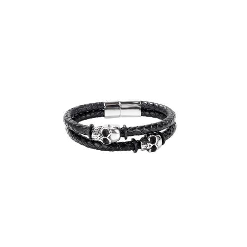 PU Leather Cord Bracelets, 304 Stainless Steel, with Microfiber PU, handmade, Double Layer & fashion jewelry & for man, black 