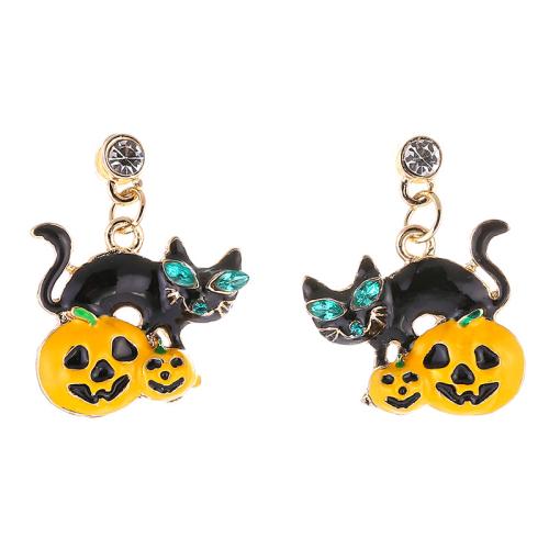 alliage de zinc Boucle d'oreille goutte, chat, Placage de couleur d'or, Halloween Design & pour femme & émail & avec strass, earring length 30-40mm, Vendu par paire