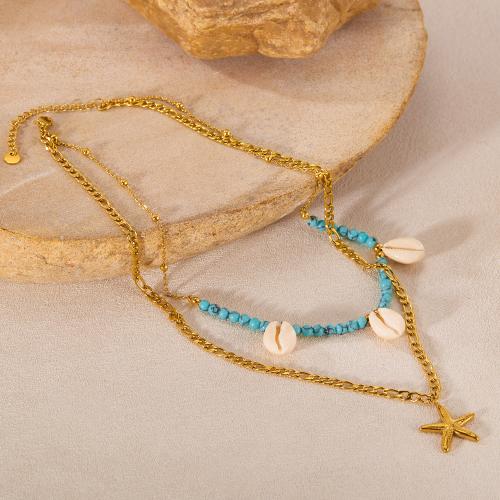 Stainless Steel Jewelry Necklace, 304 Stainless Steel, with turquoise & Shell, plated, Double Layer & fashion jewelry & for woman, golden 