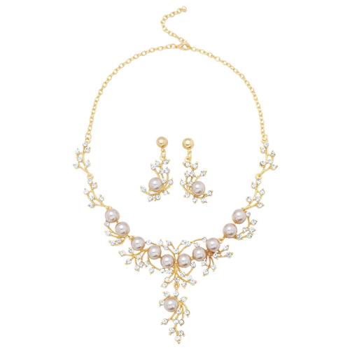 aleación de zinc Conjunto de joya, pendiente & collar, con Shell Pearl, chapado, 2 piezas & para mujer & con diamantes de imitación, más colores para la opción, Vendido por Set