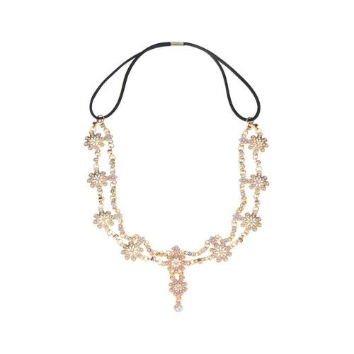 Zinc Alloy Head Chain, with Elastic Thread & Plastic Pearl, Flower, Bohemian style & for woman & with rhinestone, gold Approx 55 cm [