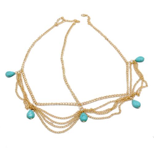 Zinc Alloy Head Chain, with Synthetic Turquoise, gold color plated, multilayer & for woman Approx 55 cm [