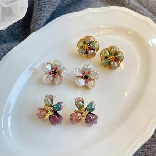 Freshwater Pearl Brass Earring, with Brass, irregular, plated, fashion jewelry & with rhinestone nickel, lead & cadmium free [