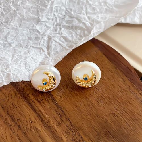 Freshwater Pearl Brass Earring, with Brass, Flat Round, plated, fashion jewelry & with rhinestone nickel, lead & cadmium free [
