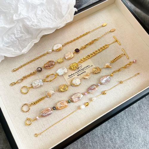 Cultured Freshwater Pearl Brass Bracelet, with Natural Stone & Freshwater Pearl, gold color plated, fashion jewelry cm [