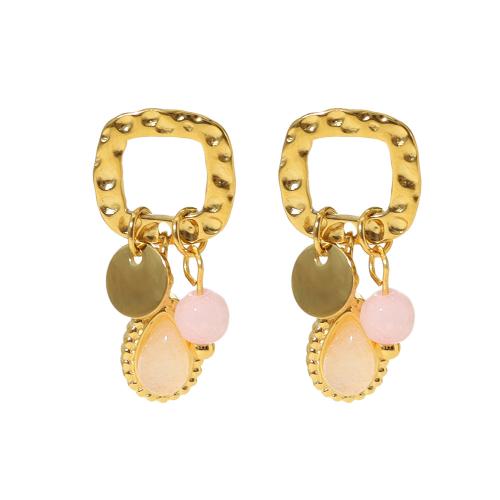 Quartz Earring, 304 Stainless Steel, with Rose Quartz, 18K gold plated, fashion jewelry & for woman & hollow 