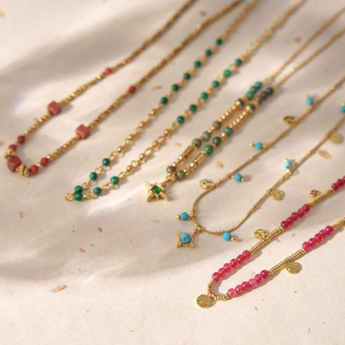 Colliers de pierres précieuses, Acier inoxydable 304, avec Pierre naturelle, Plaqué or 18K, bijoux de mode & styles différents pour le choix & pour femme, Vendu par PC