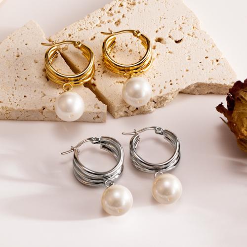 Boucle d'oreille goutte inox, Acier inoxydable 304, avec perle de plastique, Placage, bijoux de mode, plus de couleurs à choisir, Vendu par paire