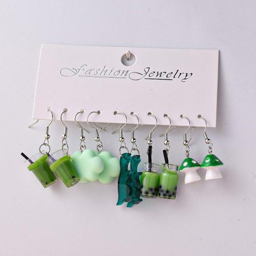 Resin Earring Set, with Zinc Alloy, 5 pieces & fashion jewelry & for woman, green, earring length 35-50mm 